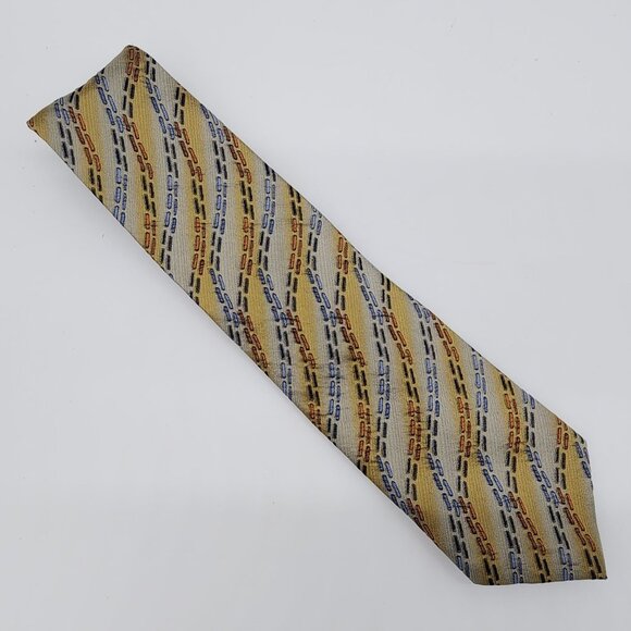 Emilio Ponti Necktie Geometric Silk Gray Yellow Blue Textured Fabric 57" L 4" W - Picture 3 of 7